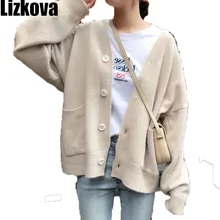 Женский Осенний белый v-образный вырез два кардиган с карманами свитер студенческий ленивый оаф вязаное Свободное пальто