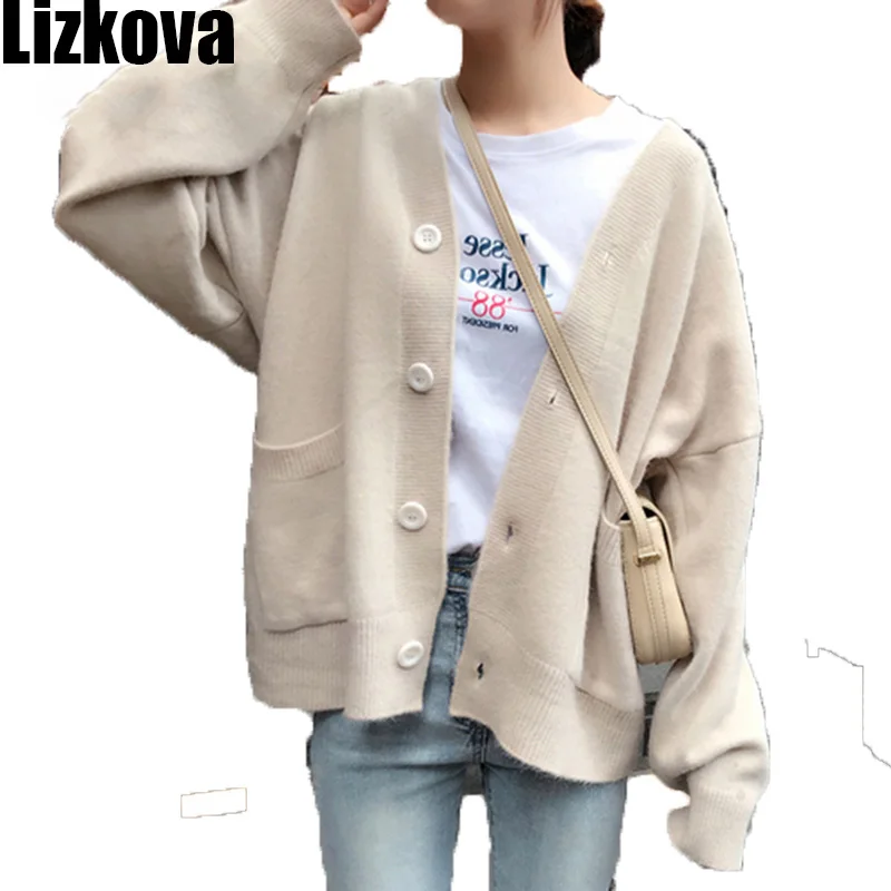 

Woman Autumn 2019 White V-neck Two Pocket Cardigan Sweater Student Lazy oaf Knitted Loose Coat