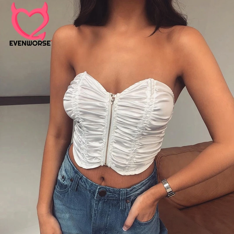 

Evenworse Sexy Intimates Strapless Crop Top Women Fashion 2020 Spring Zipper Slim Wite Strapless Leisure Tube Top Night Party