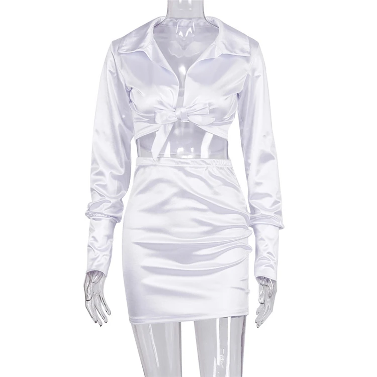 A120172 newest turn-down collar long sleeve tying deep v neck skirt set women pant two piece sets clothing