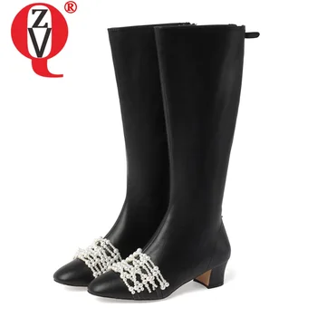 

ZVQ brand autumn women's shoes pearl beading knee-high boots zipper fashion autumn winter woman high long boots 33-40CN
