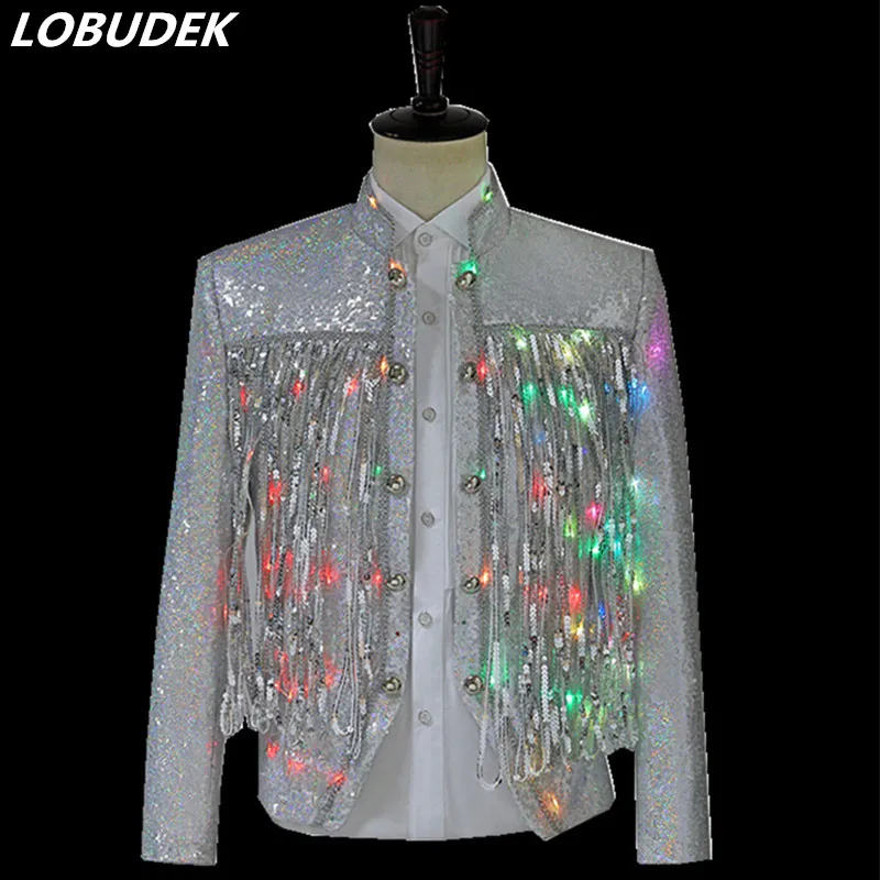

Bar Nightclub Men's Singer LED Jacket Stage Costume Silver Sequins Tassel Stand Collar Slim Jackets Jazz Punk Dancer Short Coat