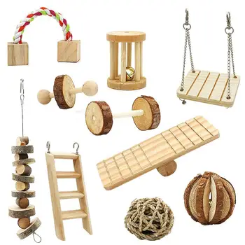 

Hamster Chew Toys 10 Pack Natural Wooden Pine Guinea Pigs Rats Chinchillas Toys Accessories Dumbbells Exercise Bell Roller Tee
