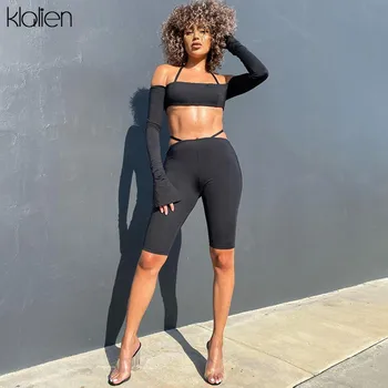 

KLALIEN fashion sexy off shoulder tracksuit women high street casual solid top and shorts two piece set women fitness sport suit