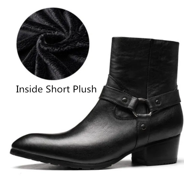 Black Inside Plush Chelase/ботинки; мужские ботинки из натуральной кожи на высоком каблуке с острым носком; теплые зимние ботинки; модные мужские деловые ботильоны под платье с пряжкой - Цвет: Black Inside Plush