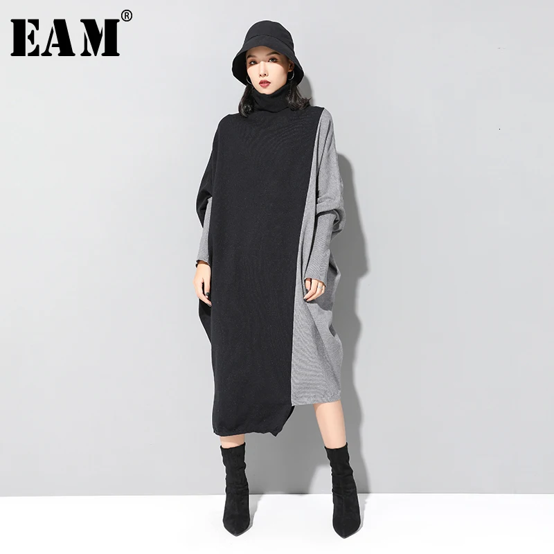 [EAM] Women Contrast Knitting Big Size Dress New High Collar Long Batwing Sleeve Loose Fit Fashion Tide Spring Autumn 2020 1D675