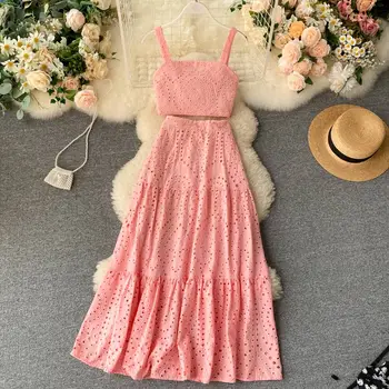 

Women Hollow Out Solid Two Pieces Sets Girls Spaghetti Strap Short Tops High waist Midi Skirts Set 2020 Summer Sweet Female Suit