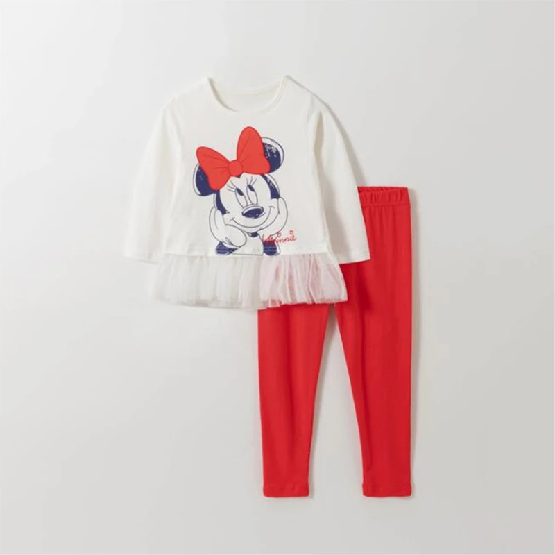 Minnie Mouse Baby Girl Clothing Suits Long Sleeves Sweater Winter Spring Autumn Blouses Disney Cartoon Sets Cotton Sweatshirt