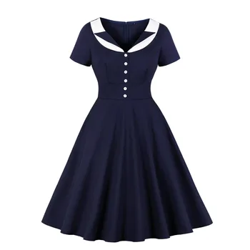 

Women's Collared Button Down White and Navy Sailor Vintage Dress
