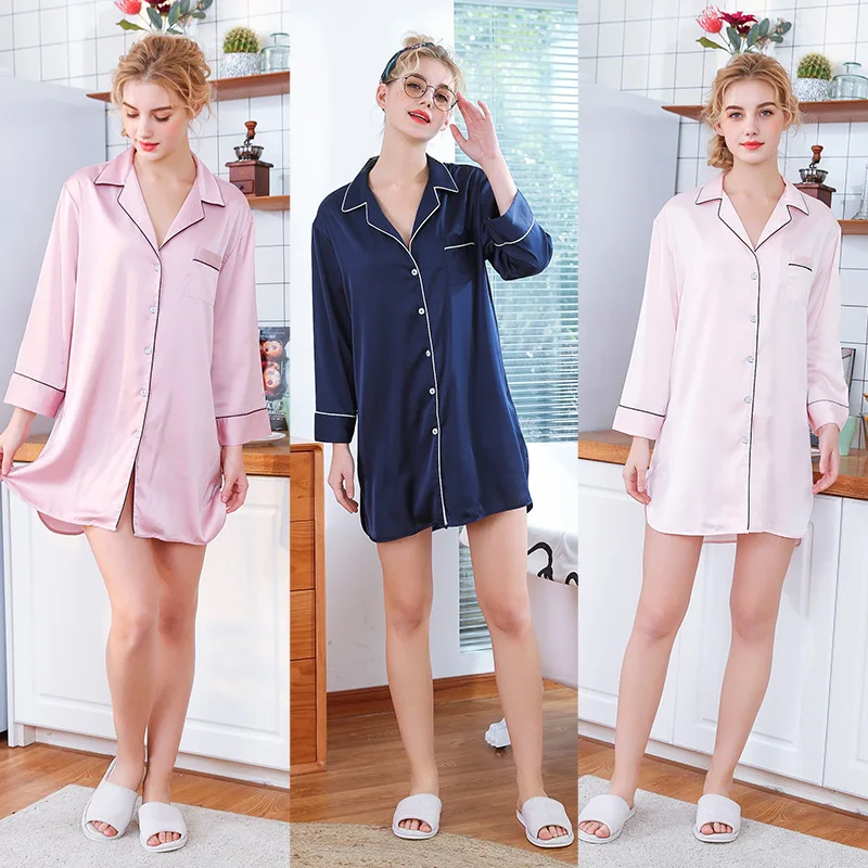 

Autumn Solid Color Fashion Sexy Women Sleepshirts Fresh Simple Nightgowns Ladies Silk Sleepwear Nightdress Nightwear