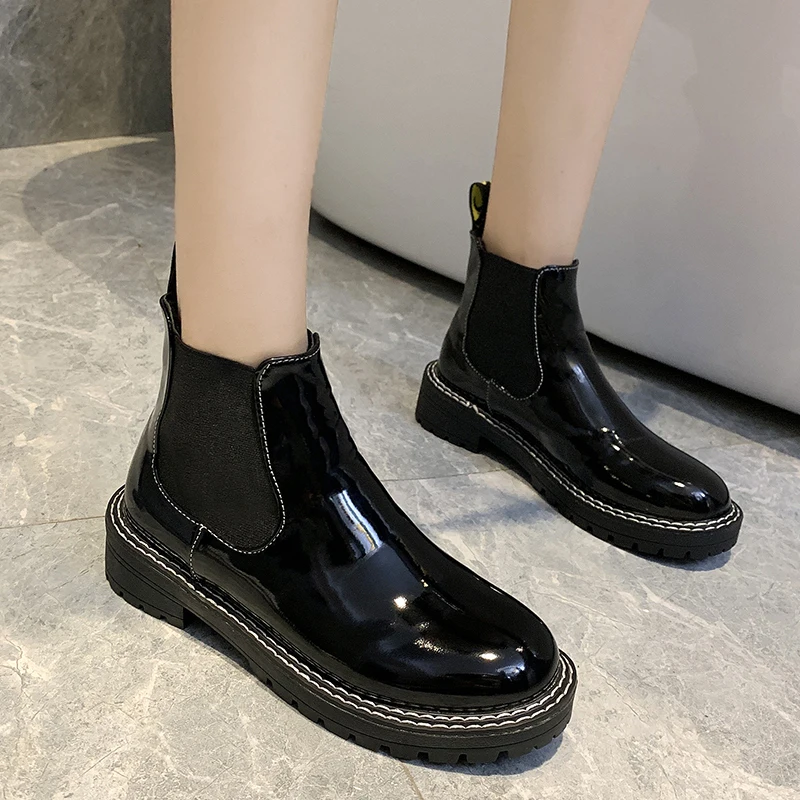 

COOTELILIl Women Boots With Velvet Black Ankle Boots Slip On Women 2019 Leather Flat Non-Slip Women Boots Round Toe Winter Boots
