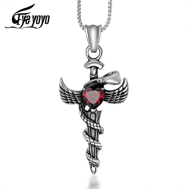 EyeYoYo Титановый стальной литой Ангел Ожерелье меч кулон инкрустированный мужское