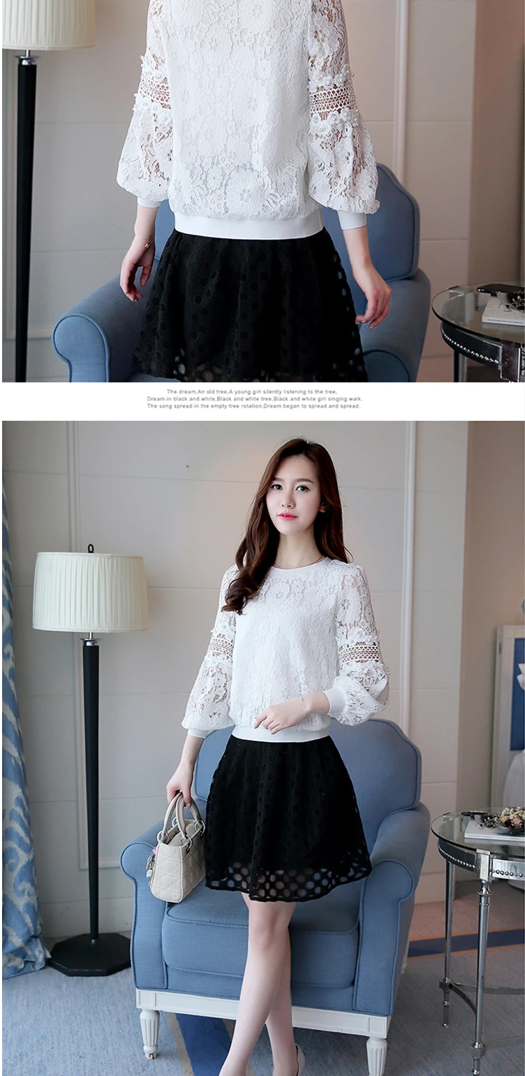 lace shirt Korean new elegant long sleve hollow out lace tops casual beading stitching women blouse E168