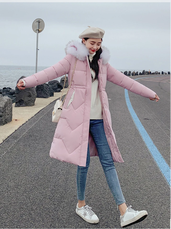 Ins Winter New Women's Hooded Down Parka Long Jacket Casual Big Fur Zipper Full Sleeve Korean Style Thick Coat C90802K - Цвет: Pink