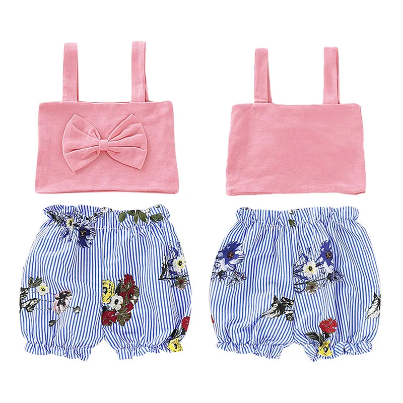 

2Pcs/Set Summer Baby Girls Strap Bowknot Tops T-shirt +Striped Floral Pattern Shorts Suits Casual Costume Set#E