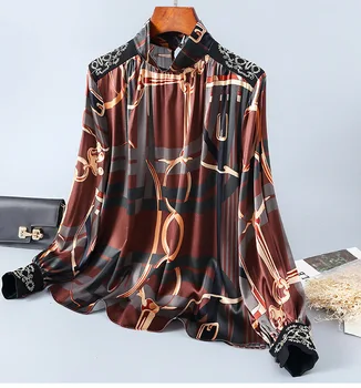 

Spring 2020 for European and American women's wear Vintage printed long sleeve stand collar Fashionable silk shirt