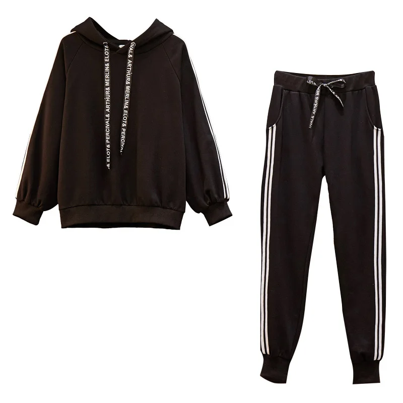 Najtaniej Big Size Fashion dres kobiety jesienne ubrania zimowe bluzy z długim rękawem + spodnie dwuczęściowy zestaw duży Plus rozmiar czarny zestaw sportowy
