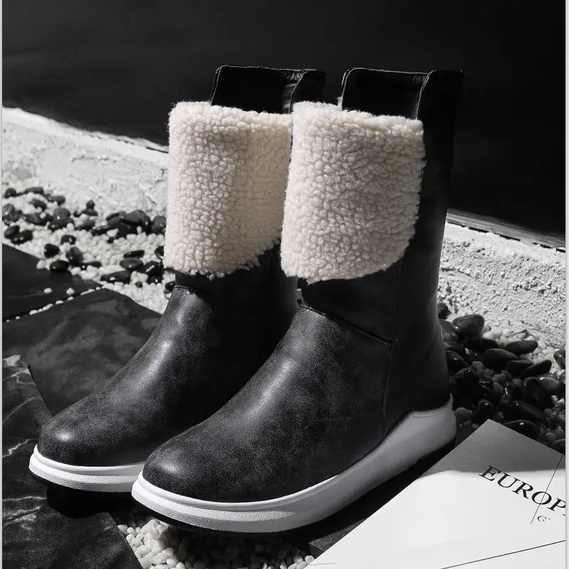 FITWEE Warm Women Mid Calf Boots Winter Outdoor Comfortable Flats Shoes Leisure Daily Women Fur Footwear Size 33-43