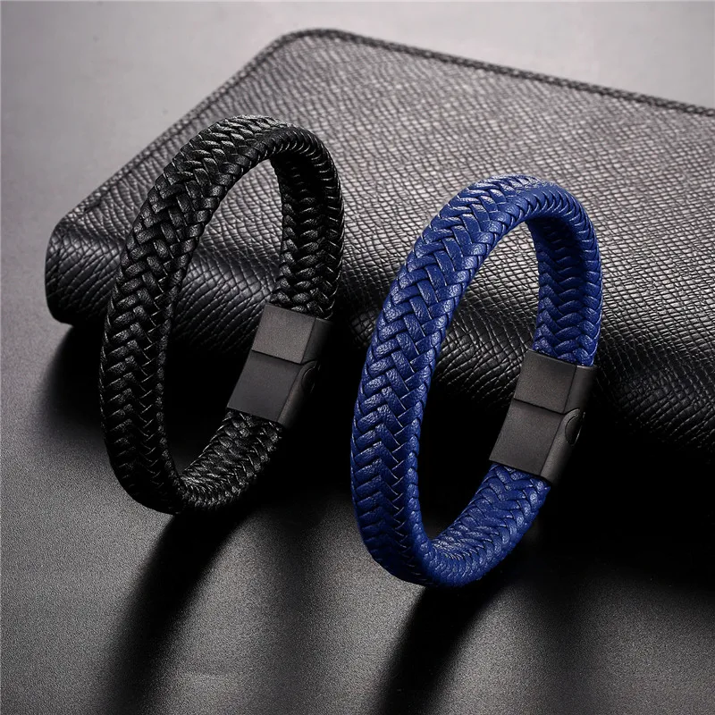 Bracelet Jewelry MKENDN Punk Men Leather Bracelet Black Stainless Steel Magnetic Clasp Braided Woven Bangle Pulseras lovers' gift