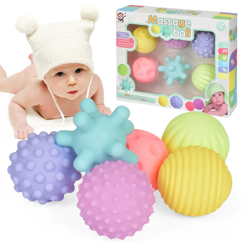 

6pcs Hand Catching Ball Toy Set Baby Soft Rubber Multi-texture Learn Climb Tactile Massage Macaron Bath Color Perception Toy