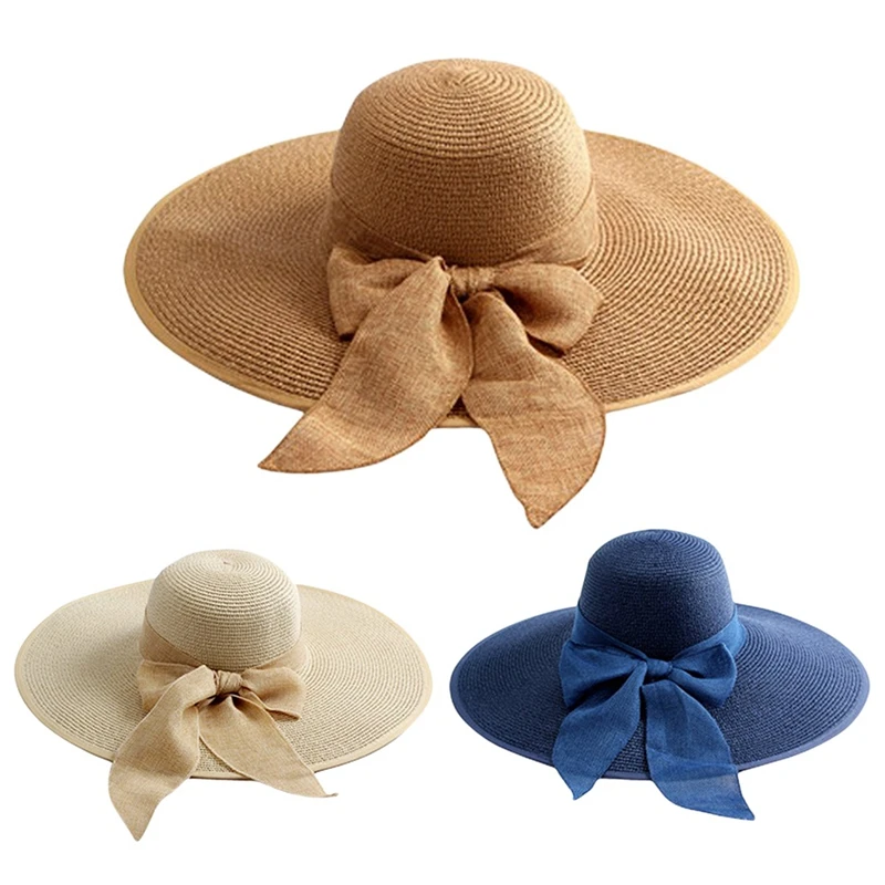 Женская большая соломенная шляпа Bowknot Floppy Складная сворачивающаяся пляжная кепка шляпа от солнца