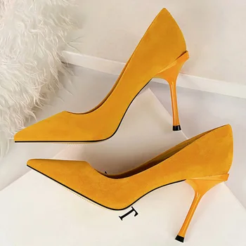 

2020 Women 10cm High Heels Wedding Bridal Flock Pumps Lady Pointed Toe Green Yellow Blue Pink New Styles Heels Escarpins Shoes
