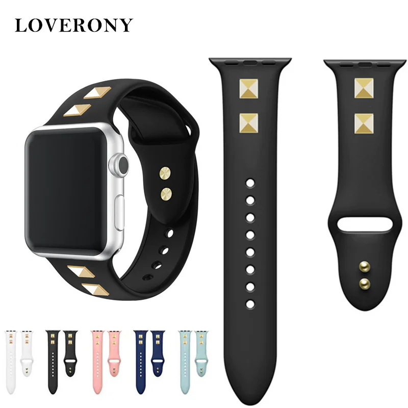 LOVERONY заклепки силиконовый ремешок 38 мм 40 42 44 для Apple Watch версии 5/4/3/2/1 часов i часы