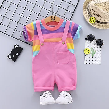 

Baby Clothing Sets Summer Baby Girls Clothes Infant Cotton Rainbow Striped T-Shirt Jeans Overalls 2Pcs Outfits Kids Clothes Set