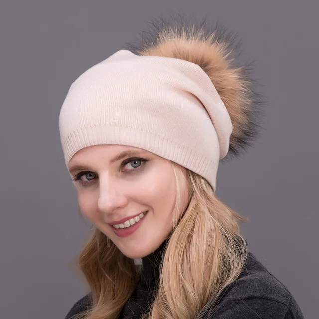 herbst зима mutzen Hut унисекс Gestrickte Wolle Skullies beilyaufige Каппе Mit Echt wachbären Pelz pom Solide Farben Sk - Цвет: COLOR9