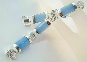 

Pretty Natural Blue Jade Gemstone Sterling Fortune Lucky Link Bracelet
