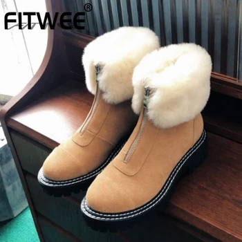

FITWEE Real Leather Fur Warm Ankle Boots Round Toe Thick Heel Zipper Sweet Shoes Female Footwear Winter Outdoor Size 34-39