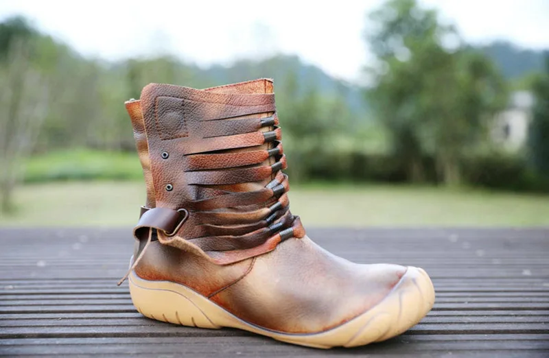 new flat women's shoes, leather leather women's boots, vintage mid-heeled boots, spring and autumn single boots