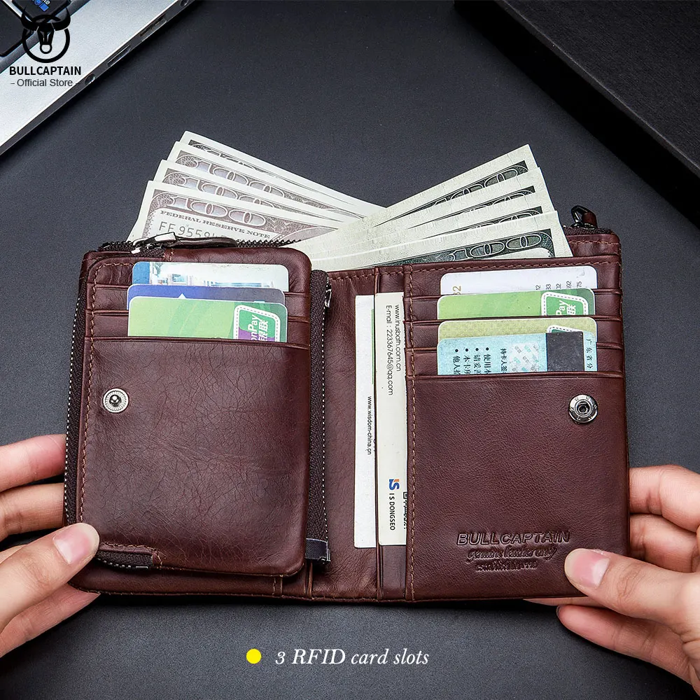 BULLCAPTAIN Genuine Leather Zipper Credit Card Holder ID And clutch  Designer Wallet High Quality High capacity Mens Wallet