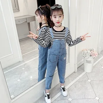 

Children's Suit For Teenage Girl Long Sleeve Striped T-shirt+Embroidery Denim Overalls Two Piece Set Fashion Casual Kids Outfits