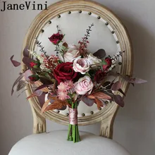 JaneVini 2020 Nuovo Fiore Di Seta di Nozze Bouquet Da Sposa Rosa Artificielle Vintage Borgogna Piante Artificiali Sposa Mazzi di Fiori