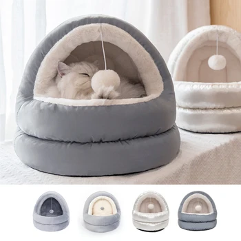 

Cute Cat Bed Indoor Kitten House Warm Small for cats Dogs Nest Foldable Cat Cave Sleeping Plush Mats Soft Cat House 2020