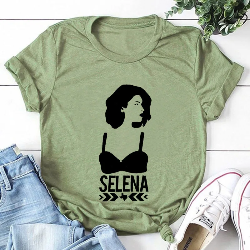 100% de algodón puro para mujer, Camiseta con estampado con dibujo de Selena, camiseta de manga corta para mujer, Tops para mujer, ropa
