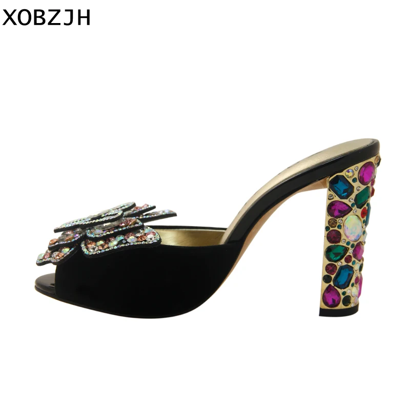 

Brand Designer Sandals Women Shoes Luxury 2019 Genuine Leather High Heels Rhinestone Sandals Black Wedding Shoes Woman Open Toe