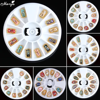 

Manja 12 Grids Nail Art Retro 3D Glitter Gem Rhinestones Decorations Metal Edge Flat Back Charm Jewelry Accessories Wheel