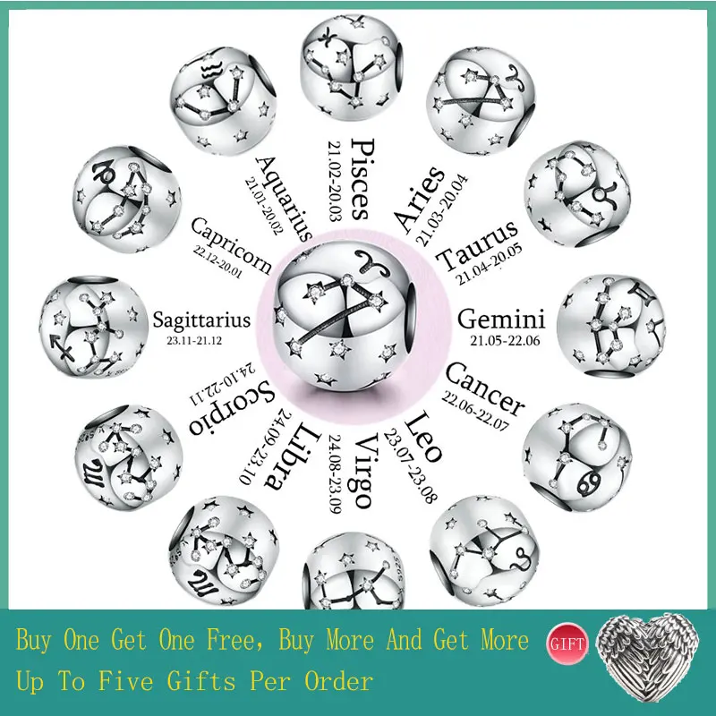Bracelet Charms Jewelry Beads Zodiac Constellation Round PANDACH 925-Sterling-Silver