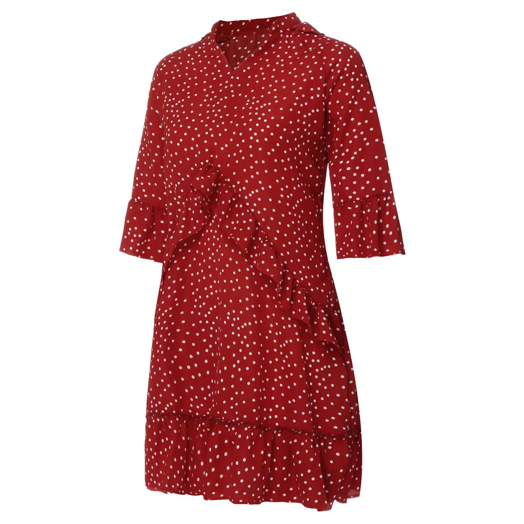 Летнее женское мини-платье с расклешенными рукавами и v-образным вырезом, ТРАПЕЦИЕВИДНОЕ платье в горошек с оборками, свободное платье для женщин, платье в горошек с коротким рукавом 25