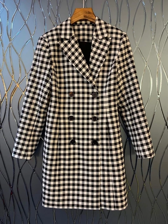 autumn Early new women's Lapel double-breasted decorative Plaid long sleeve mid-long jacket 919