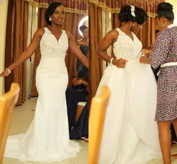 2021 African White Mermaid Wedding Dresses With Detachable Train V Neck Appliques Country Bridal Gowns Vestidos De Novia Mairee