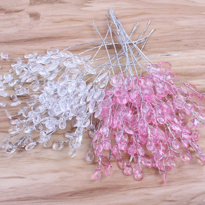 10Pcs Acrylic Flower Branch White Pink Flower String Crystal Artificial Flowers DIY Wedding Garland Headdress Party Home Decor