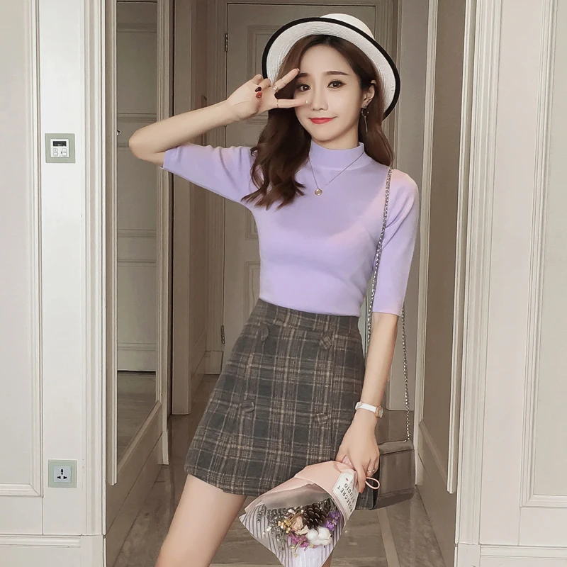 Spring Autumn Knitted Sweater and Pullovers for Women Half Sleeve Half Turtleneck Chandail Femme Sexy Slim Maglioni Donna