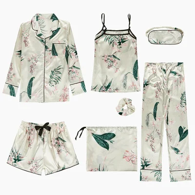 Satin Silk-1 Пижамные комплекты из 7 предметов для женщин, сатиновые хлопковые пижамы одежда для сна, милая Домашняя одежда, Весенняя длинная и короткая полосатая Пижама для дома - Цвет: Satin Silk-1