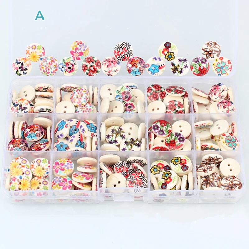 Online Big Discount!225pcs Print 2 Holes Wooden Buttons with storage box 15 style decorative buttons for clothing sewing accessories
