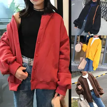 

Fashion Autumn Winter Women Casual Loose Solid Color Puff Sleeve Button Coat Jacket Zipper All-Match Cotton Blend Women's Coat