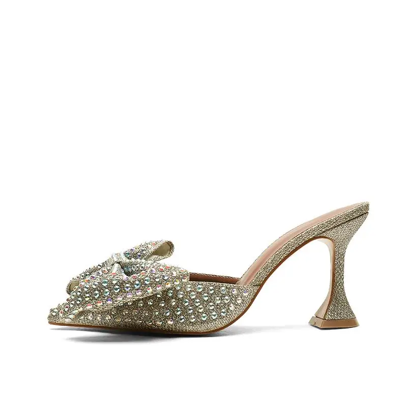 2020 New European Station Pointed Bow Sandals Crystal All-match Ultra-High Thin Heeled Baotou Slippers Women
