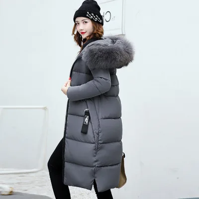 Зимнее плотное пуховое пальто с капюшоном для женщин, длинное теплое приталенное пуховое пальто, модная верхняя одежда на молнии с длинным рукавом и буквенным принтом, женская верхняя одежда с воротником из искусственного меха - Цвет: gray